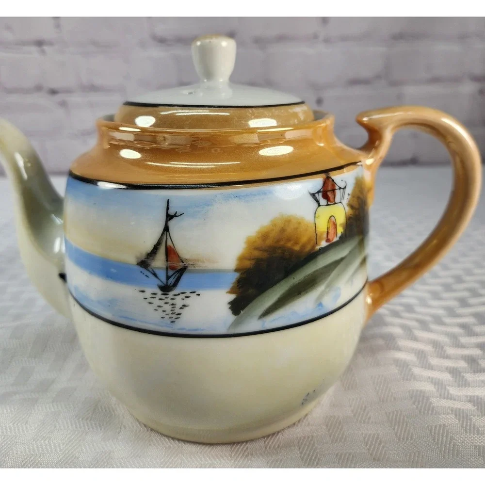 Vtg Hand Painted Pagoda Boat Lake Teapot Set Cream & Sugar Japan Luster 1915